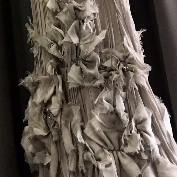 Designer evening dress (Tadashi Shoji) in Taupe , pleated with floral appliques - Picture 5 of 8